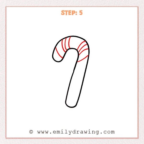 how to draw a candy cane - A candy cane outline with several curved diagonal stripes added across the hooked top.